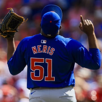Jun 9, 2024; Cincinnati, Ohio, USA; Chicago Cubs relief pitcher Hector Neris (51) reacts after the victory over the Cincinnati Reds at Great American Ball Park.