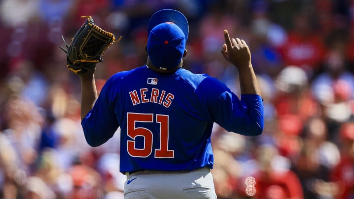 Jun 9, 2024; Cincinnati, Ohio, USA; Chicago Cubs relief pitcher Hector Neris (51) reacts after the victory over the Cincinnati Reds at Great American Ball Park.