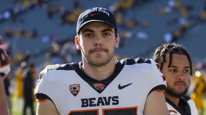 Nov 19, 2022; Tempe, Arizona, USA; Oregon State Beavers punter Josh Green (37) against the Arizona State Sun Devils at Sun Devil Stadium. Mandatory Credit: Mark J. Rebilas-USA TODAY Sports