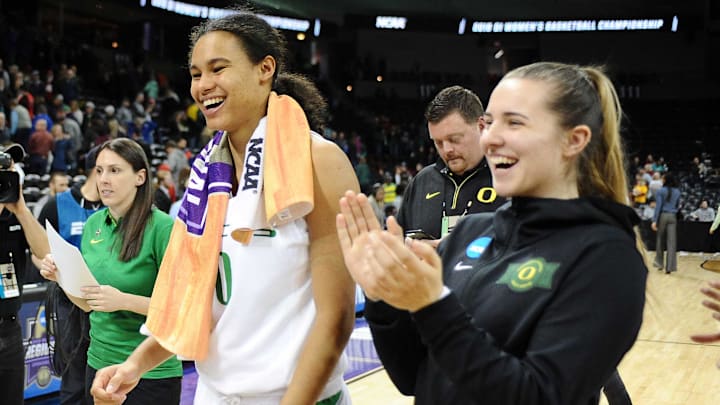 Mar 24, 2018; Spokane, WA, USA; Oregon Ducks forward Satou Sabally (0) walks off the court after a game against the Central Michigan Chippewas in the semifinals of the Spokane regional of the women's basketball 2018 NCAA Tournament at Spokane Veterans Memorial Arena. Mandatory Credit: James Snook-Imagn Images
