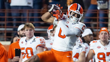 Dec 21, 2024; Austin, Texas, USA; Clemson Tigers wide receiver Antonio Williams (0) against the Texas Longhorns during the CFP National playoff first round at Darrell K Royal-Texas Memorial Stadium. Mandatory Credit: Mark J. Rebilas-Imagn Images