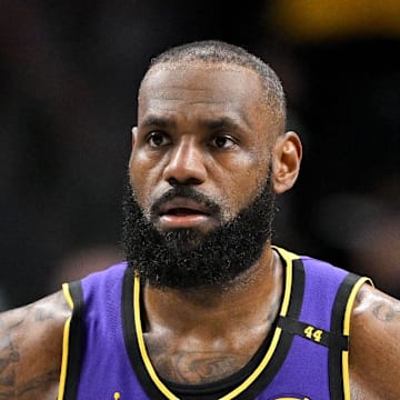 Apr 9, 2025; Dallas, Texas, USA; Los Angeles Lakers forward LeBron James (23) during the game between the Dallas Mavericks and the Los Angeles Lakers at American Airlines Center. Mandatory Credit: Jerome Miron-Imagn Images