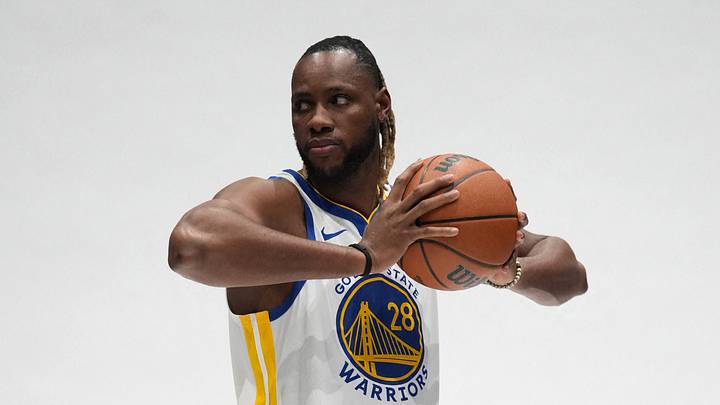 Sep 28, 2026; San Francisco, CA, USA;  Golden State Warriors forward Charles Bassey (28) poses for a photo during Media Day at the Chase Center.  Mandatory Credit: Cary Edmondson-Imagn Images