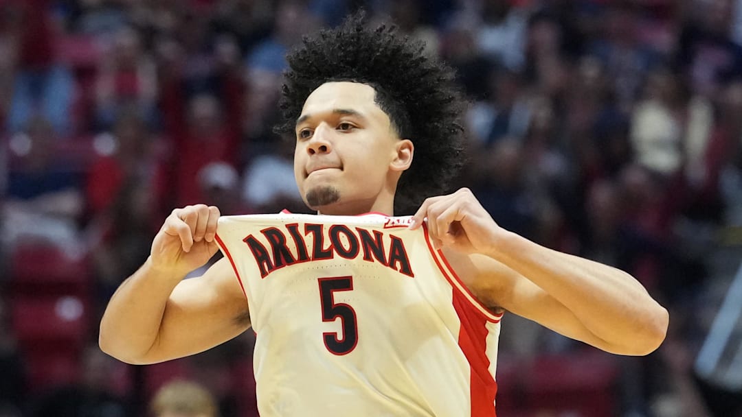Mar 22, 2026; San Diego, CA, USA; Arizona Wildcats guard Brayden Burries (5) reacts in the second half against the Utah State Aggies during a second round game of the men's 2026 NCAA Tournament at Viejas Arena. Mandatory Credit: Kirby Lee-Imagn Images