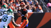Oct 26, 2025; Cincinnati, Ohio, USA; Cincinnati Bengals quarterback Joe Flacco (16) looks to pass the ball during the game against the New York Jets during the first quarter at Paycor Stadium. Mandatory Credit: Katie Stratman-Imagn Images