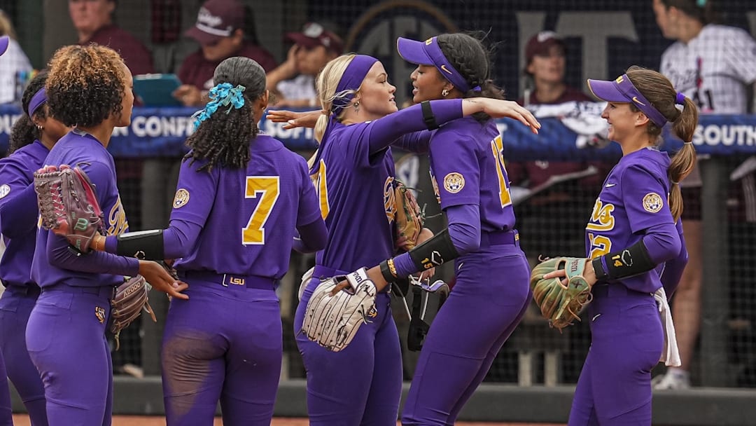 May 7, 2025; Athens, GA, USA; LSU players react after defeating Mississippi St. at Jack Turner Stadium. Mandatory Credit: Dale Zanine-Imagn Images