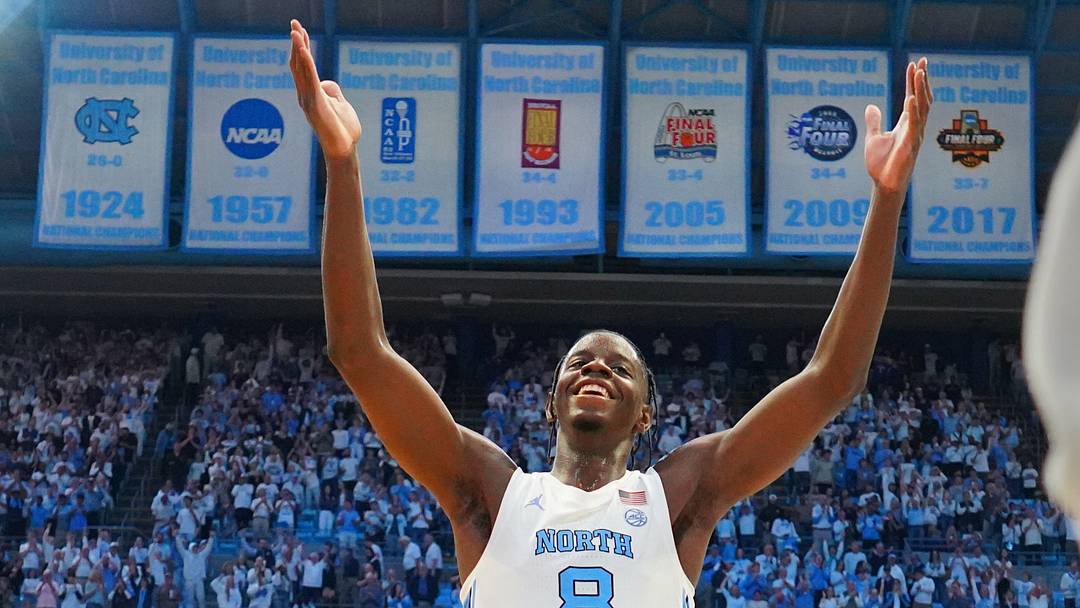 Nov 7, 2025; Chapel Hill, North Carolina, USA;  North Carolina Tar Heels forward Caleb Wilson (8) reacts at the end of the game at Dean E. Smith Center. Mandatory Credit: Bob Donnan-Imagn Images