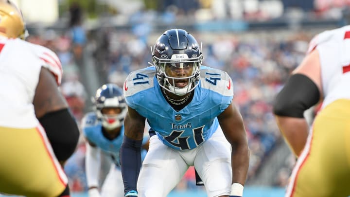 Aug 10, 2024; Nashville, Tennessee, USA;  Tennessee Titans linebacker Otis Reese IV (41) stares into the backfield against the San Francisco 49ers during the first half at Nissan Stadium. Mandatory Credit: Steve Roberts-USA TODAY Sports