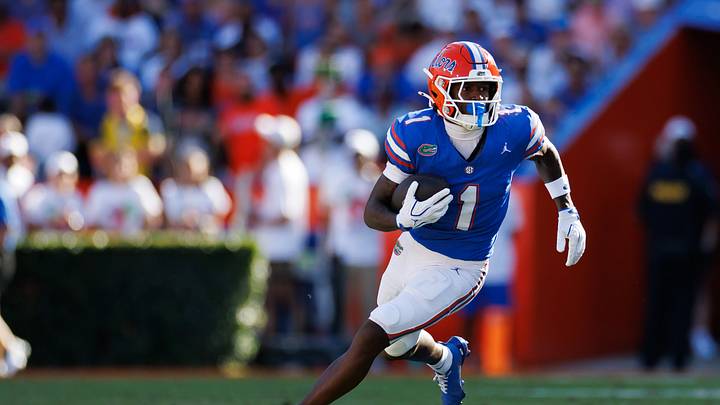 Sep 26, 2026; Gainesville, Florida, USA;  Florida Gators wide receiver Vernell Brown III (1) runs against the Mississippi Rebels during the first half at Ben Hill Griffin Stadium.  Mandatory Credit: Matt Pendleton-Imagn Images