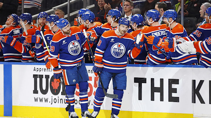 Edmonton Oilers forward Zach Hyman (18) celebrates after scoring a goal 