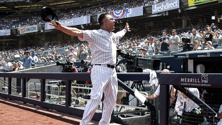 Aug 8, 2026; Bronx, New York, USA; Former New York Yankee Nick Swisher is introduced during pregame of Old Timers Day at Yankee Stadium. Mandatory Credit: John Jones-Imagn Images
