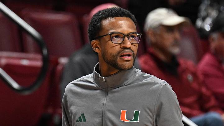 Feb 24, 2026; Tallahassee, Florida, USA; Miami Hurricanes head coach Jai Lucas during the first half against the Florida State Seminoles at Donald L. Tucker Center. Mandatory Credit: Melina Myers-Imagn Images