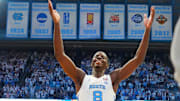 Nov 7, 2025; Chapel Hill, North Carolina, USA;  North Carolina Tar Heels forward Caleb Wilson (8) reacts at the end of the game at Dean E. Smith Center. 