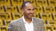 Apr 18, 2025; Memphis, Tennessee, USA; Dallas Mavericks general manager Nico Harrison watches warm ups prior to a game against the Memphis Grizzlies at FedExForum. Mandatory Credit: Petre Thomas-Imagn Images