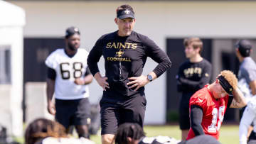 May 11, 2024; New Orleans, LA, USA;  New Orleans Saints head coach Dennis Allen looks on  during the rookie minicamp at the Ochsner Sports Performance Center. Mandatory Credit: Stephen Lew-USA TODAY Sports