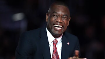 Nov 24, 2015; Atlanta, GA, USA; Atlanta Hawks former center Dikembe Mutumbo reacts during his jersey retirement ceremony at half time of the Boston Celtics vs Atlanta Hawks game at Philips Arena. Mandatory Credit: Jason Getz-Imagn Images