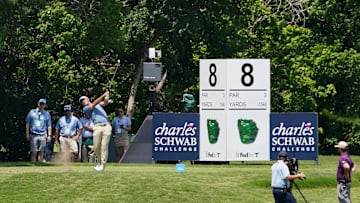 A general view of the 8th tee as Scottie Scheffler plays his shot during the first round of the Charles Schwab Challenge.