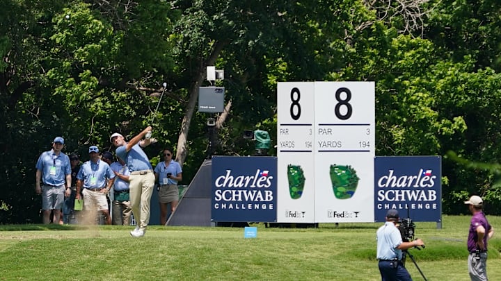 A general view of the 8th tee as Scottie Scheffler plays his shot during the first round of the Charles Schwab Challenge. A general view of the 8th tee as Scottie Scheffler plays his shot during the first round of the Charles Schwab Challenge.