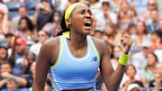 Coco Gauff reacts to winning a match at the 2024 U.S. Open.