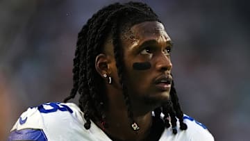 Dec 24, 2023; Miami Gardens, Florida, USA; Dallas Cowboys wide receiver CeeDee Lamb (88) looks up at the scoreboard during the first half against the Miami Dolphins at Hard Rock Stadium. Mandatory Credit: Jasen Vinlove-Imagn Images