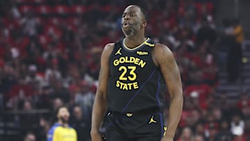 Golden State Warriors forward Draymond Green reacts after a play during the 2025 NBA Playoffs against the Houston Rockets.