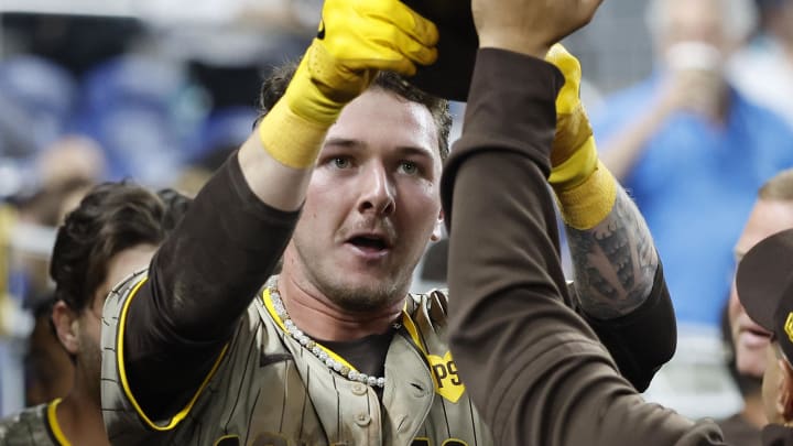 San Diego Padres center fielder Jackson Merrill (3) celebrates his home run against the Miami Marlins in the ninth inning at loanDepot Park on Aug 9.