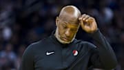 Oct 8, 2025; San Francisco, California, USA;  Portland Trail Blazers Head Coach Chauncey Billups reacts during a time-out in the second quarter against the Golden State Warriors at Chase Center. Mandatory Credit: John Hefti-Imagn Images