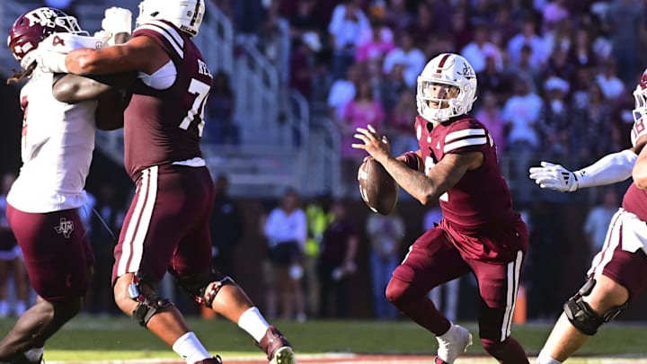 Oct 19, 2024; Starkville, Mississippi, USA; Mississippi State Bulldogs quarterback Michael Van Buren Jr. (0) runs the ball against the Texas A&M Aggies during the second quarter at Davis Wade Stadium at Scott Field. Mandatory Credit: Matt Bush-Imagn Images