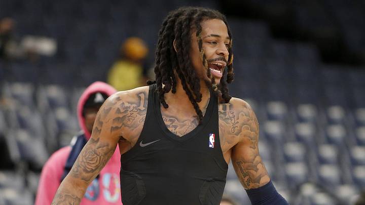 Jan 21, 2026; Memphis, Tennessee, USA; Memphis Grizzlies guard Ja Morant (12) reacts during warm ups prior to the game against the Atlanta Hawks at FedExForum. Mandatory Credit: Petre Thomas-Imagn Images