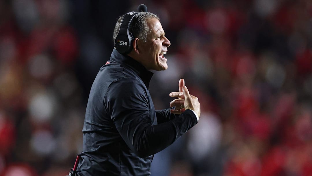 Rutgers Scarlet Knights head coach Greg Schiano looks on during the first half against the Oregon Ducks at SHI Stadium. Credit: Vincent Carchietta-Imagn Images