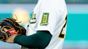  A detail view of the Sacramento patch the Athletics are wearing during the sixth inning against the Chicago Cubs at Sutter Health Park. 