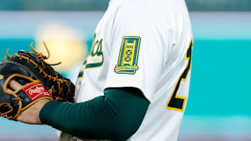  A detail view of the Sacramento patch the Athletics are wearing during the sixth inning against the Chicago Cubs at Sutter Health Park. 