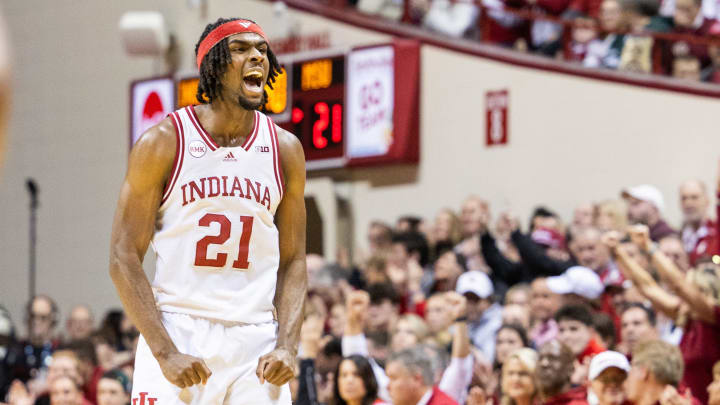 Mar 10, 2024; Bloomington, Indiana, USA; Indiana Hoosiers forward Mackenzie Mgbako (21) celebrates a made basket in the first half against the Michigan State Spartans at Simon Skjodt Assembly Hall. Mandatory Credit: Trevor Ruszkowski-USA TODAY Sports