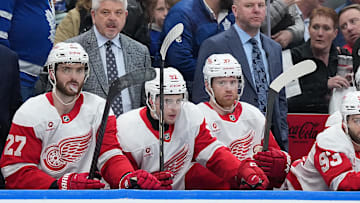 Apr 17, 2025; Toronto, Ontario, CAN; Detroit Red Wings head coach Todd McLellan watches the play against the Toronto Maple Leafs during the third period at Scotiabank Arena. Mandatory Credit: Nick Turchiaro-Imagn Images
