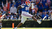 Florida Gators defensive lineman Cam Jackson celebrates after a sack against the Mississippi Rebels.