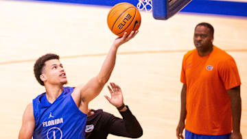Florida Gators guard Walter Clayton Jr. (1) makes a layup as the Florida Gators men’s basketball team held a practice on John W. Frost II Practice Court in Gainesville, FL on Tuesday, September 24, 2024. [Doug Engle/Gainesville Sun]