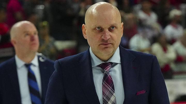 Apr 11, 2023; Raleigh, North Carolina, USA; Detroit Red Wings head coach Derek Lalonde comes off the ice after their loss to the Carolina Hurricanes at PNC Arena. Mandatory Credit: James Guillory-Imagn Images