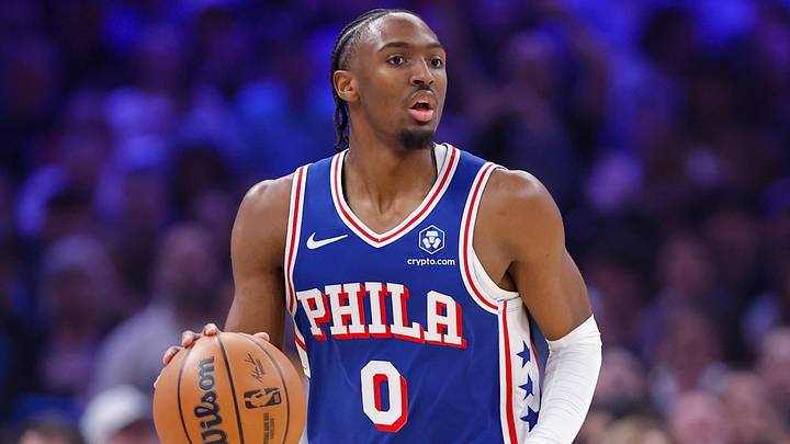 Philadelphia 76ers guard Tyrese Maxey dribbles down the court against the Oklahoma City Thunder during the first quarter at Paycom Center. 