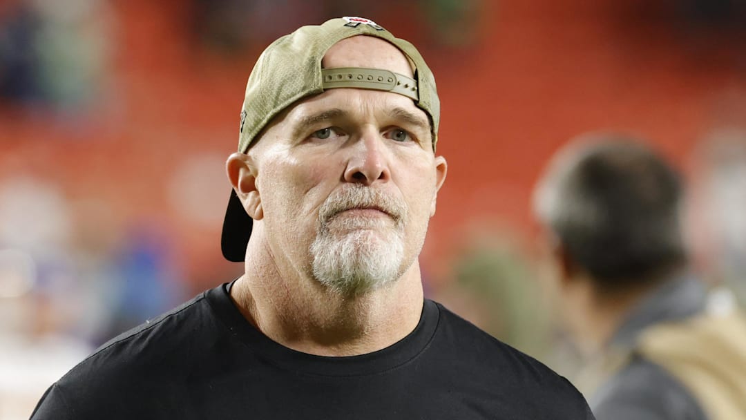 Nov 2, 2025; Landover, Maryland, USA; Washington Commanders head coach Dan Quinn walks off the field after the loss to Seattle Seahawks at Northwest Stadium. Mandatory Credit: Amber Searls-Imagn Images