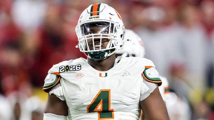 Jan 19, 2026; Miami Gardens, FL, USA; Miami Hurricanes defensive lineman Rueben Bain Jr. (4) against the Indiana Hoosiers during the College Football Playoff National Championship game at Hard Rock Stadium. Mandatory Credit: Mark J. Rebilas-Imagn Images