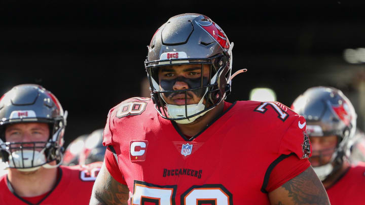 Dec 31, 2023; Tampa, Florida, USA;  Tampa Bay Buccaneers offensive tackle Tristan Wirfs (78) warms up before a game against the New Orleans Saints at Raymond James Stadium. Mandatory Credit: Nathan Ray Seebeck-USA TODAY Sports