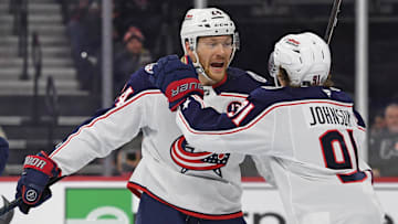 Dec 21, 2024; Philadelphia, Pennsylvania, USA; Columbus Blue Jackets right wing Mathieu Olivier (24) celebrates his goal with center Kent Johnson (91) against the Philadelphia Flyers during the first period at Wells Fargo Center. Mandatory Credit: Eric Hartline-Imagn Images