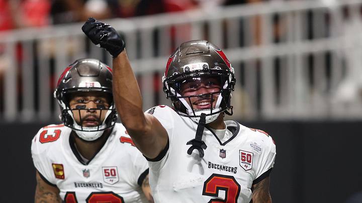 Sep 7, 2025; Atlanta, Georgia, USA; Tampa Bay Buccaneers wide receiver Emeka Egbuka (2) reacts after scoring a touchdown against the Atlanta Falcons during the second quarter at Mercedes-Benz Stadium. Mandatory Credit: Brett Davis-Imagn Images