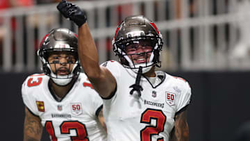 Sep 7, 2025; Atlanta, Georgia, USA; Tampa Bay Buccaneers wide receiver Fantasy Stud Emeka Egbuka (2) reacts after scoring a touchdown against the Atlanta Falcons