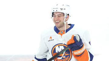 Mar 18, 2025; Pittsburgh, Pennsylvania, USA;  New York Islanders defenseman Tony DeAngelo (4) warms up before the game against the Pittsburgh Penguins at PPG Paints Arena. Mandatory Credit: Charles LeClaire-Imagn Images