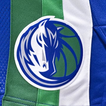 Nov 12, 2022; Dallas, Texas, USA; A view of the Dallas Mavericks logo during the game between the Dallas Mavericks and the Portland Trail Blazers at the American Airlines Center. Mandatory Credit: Jerome Miron-Imagn Images