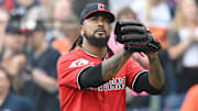 Jun 8, 2025; Cleveland, Ohio, USA; Cleveland Guardians relief pitcher Emmanuel Clase (48) celebrates after the Guardians beat the Houston Astros at Progressive Field. Mandatory Credit: Ken Blaze-Imagn Images