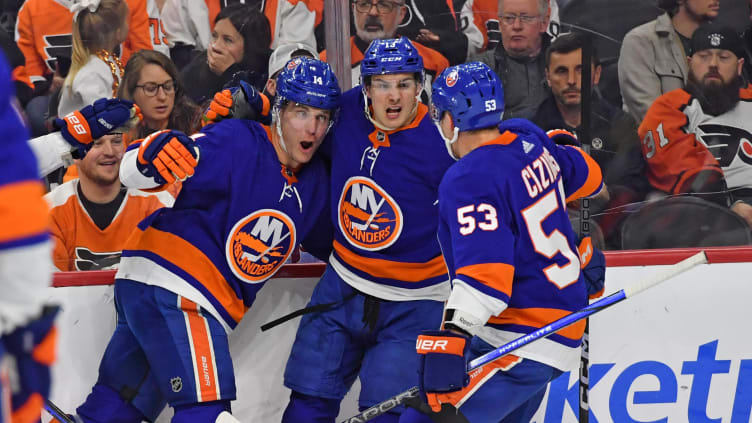 Apr 1, 2024; Philadelphia, Pennsylvania, USA; New York Islanders center Bo Horvat (14) celebrates