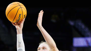 Michigan guard Olivia Olson (1) shoots the ball during the first round of the NCAA Women's Basketball Tournament between Michigan and Iowa State at Purcell Pavilion on Friday, March 21, 2025, in South Bend.