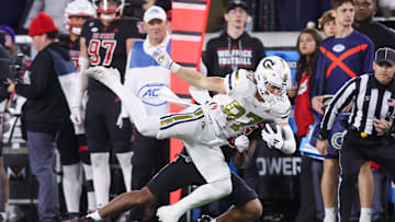 Nov 21, 2024; Atlanta, Georgia, USA; Georgia Tech Yellow Jackets wide receiver Bailey Stockton (87) catches a pass against the North Carolina State Wolfpack in the second quarter at Bobby Dodd Stadium at Hyundai Field. Mandatory Credit: Brett Davis-Imagn Images